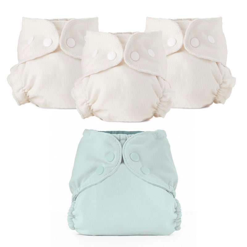 Esembly Cloth Diaper Bundle Set - 3 Organic Cotton Absorbent Inners and 1 Waterproof Outer Diaper Cover - Reusable, Washable, Snap Closure Cloth Diapers - Size 1 (7-17lbs), Mist - Image 1